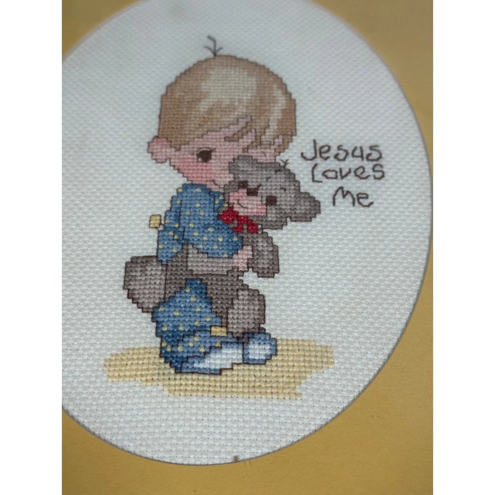 Vintage Precious Moments Jesus Loves Me Cross Stitch Framed Nursery Wall Art